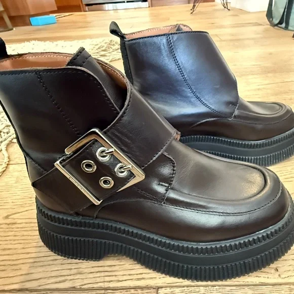 Ganni Chocolate Brown Buckle Boots w/ Black Sole - Picture 3 of 7